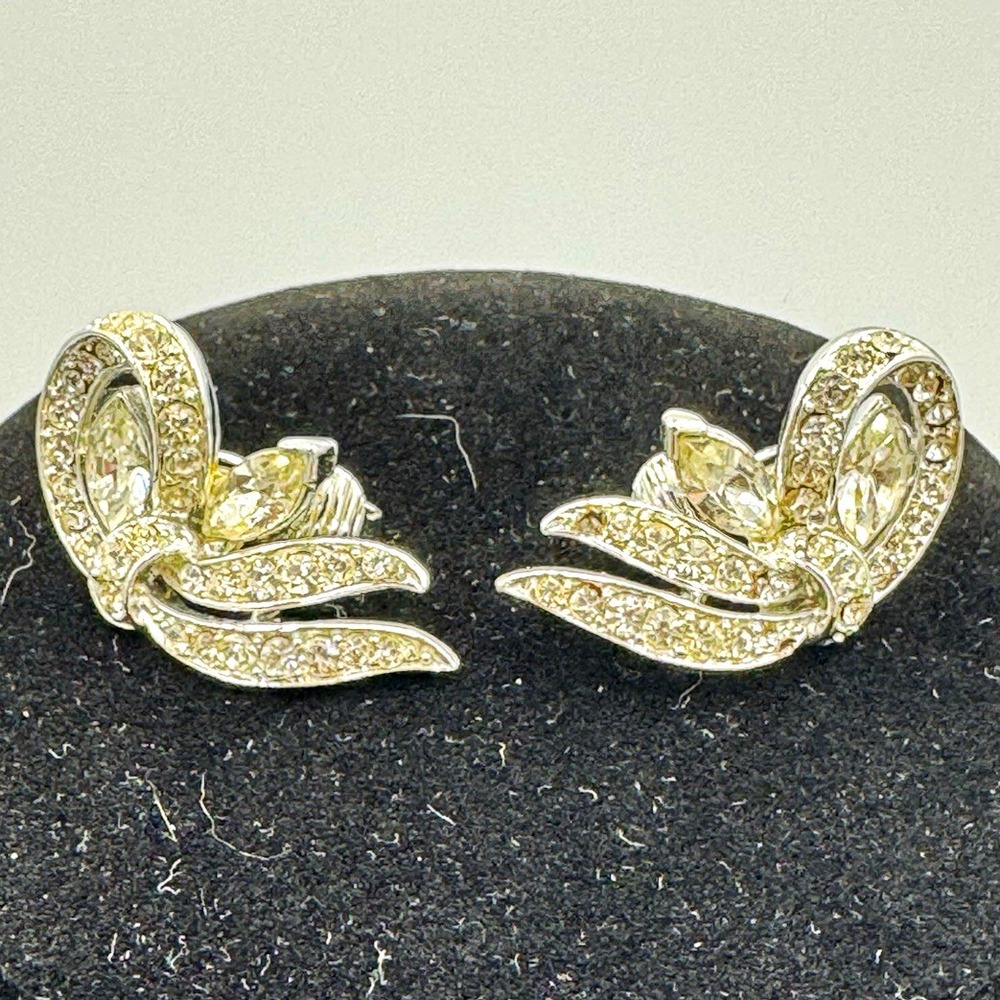 silver tone clear rhinestone leaf clip-on earrings